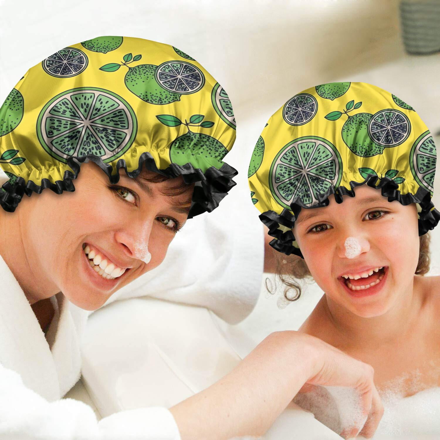 Shower Caps,Green Lime Slices Yellow Pattern Waterproof Shower Cap for Women 4 Pieces,Double Reusable Hair Cover for Shower PEVA Elastic Stretch Hem