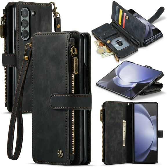 for Samsung Galaxy Z Fold 7 5G Case, Wallet Case with 5 Card Holder Kickstand Magnetic Zipper Pocket Lanyard Strap Wristlet, Leather Flip Case Wallet for Samsung Galaxy Z Fold 7, Black