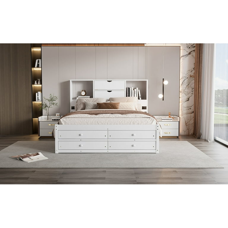 Queen Size Bed Frame with 8 Drawers, Wooden Platform Storage