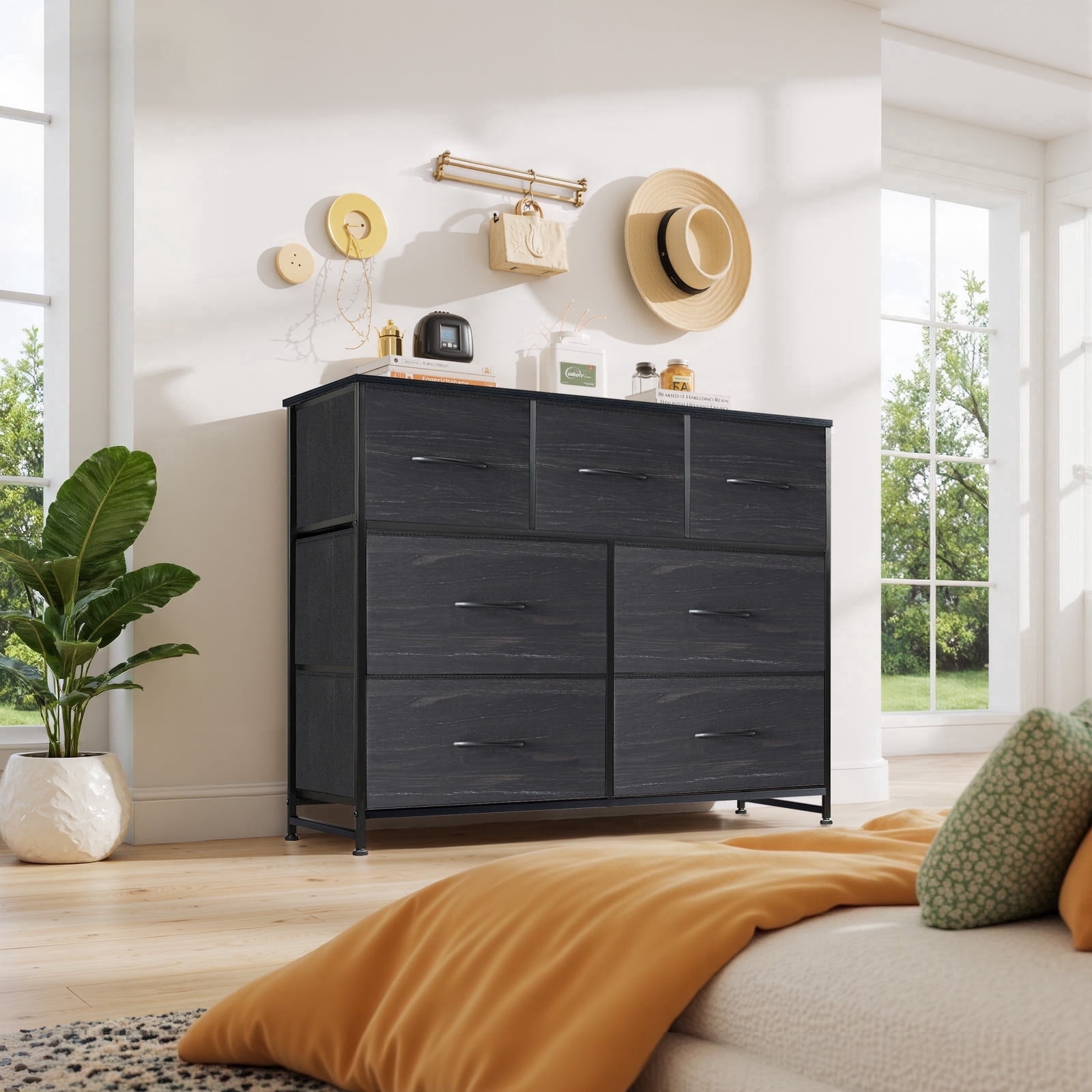 CONCETTA 4 Drawer Fabric Dresser, Black, Wide Chest Storage Tower