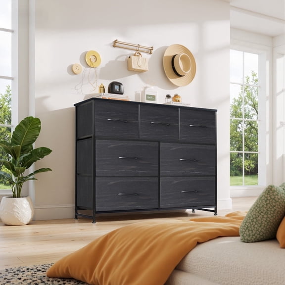 Dresser, Betcozy Storage Organizer with 7 Drawers for Bedroom, Chest of Drawers with Fabric Bins, Sturdy Metal Frame, Wood Tabletop for Guest Room, Closet, Entryway, Nursery, Black