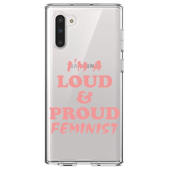DistinctInk Clear Shockproof Hybrid Case for Samsung Galaxy Note 10 (6.3" Screen) - TPU Bumper Acrylic Back Tempered Glass Screen Protector - I'm a Loud & Proud Feminist