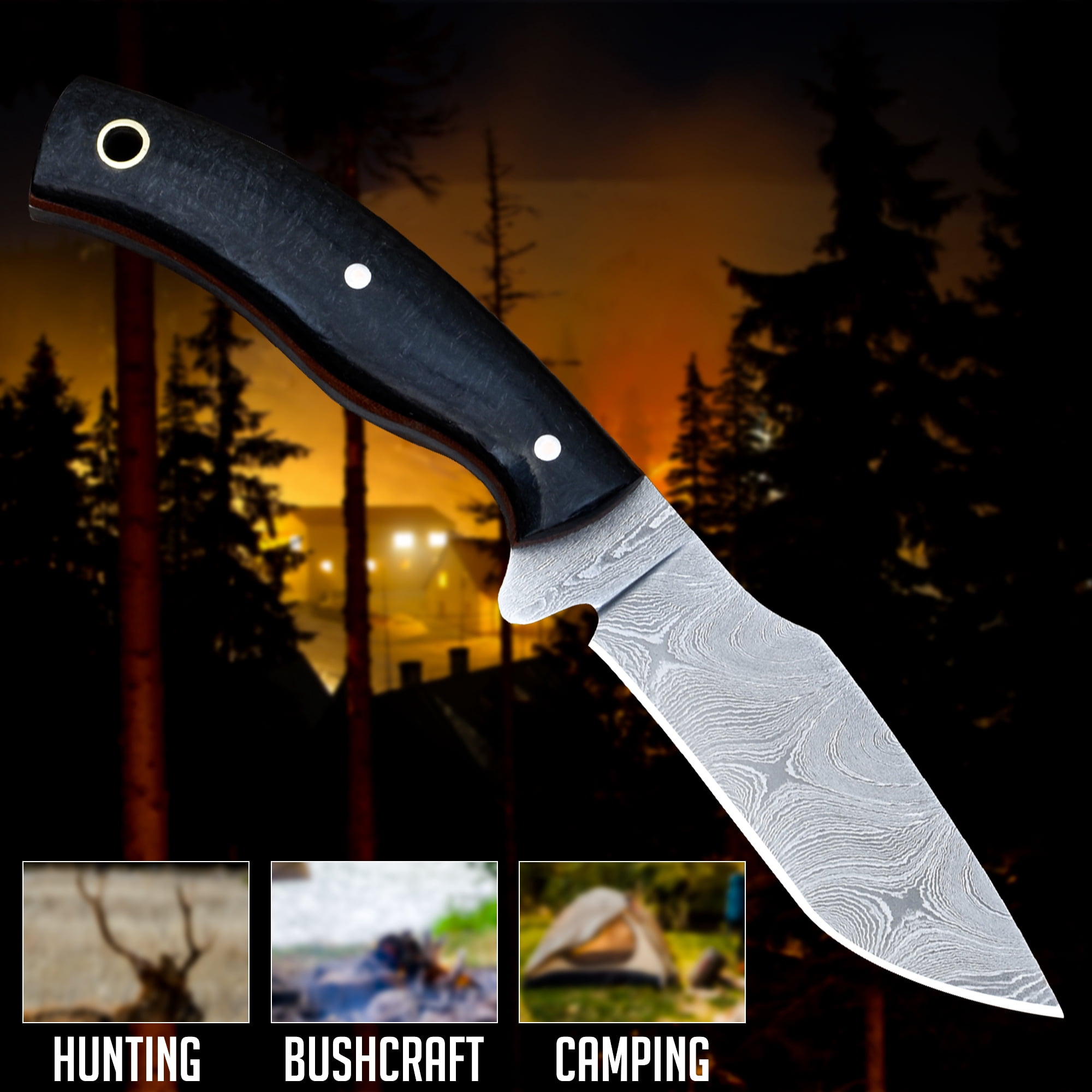 Knives Ranch Handmade Small Tactical edc Knife – Forged Damascus with Black Burlap Micarta Handle – 3-3/8" Blade – Horizontal Cowboy Leather Sheath – EDC & Utility Knife (3185-M)