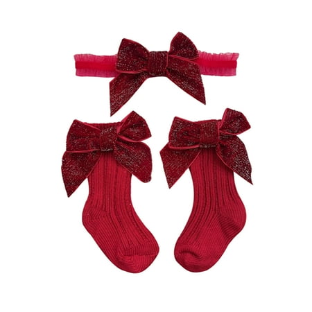 

Jkerther Baby Girls Christmas Socks Headband Sets Spring Autumn Knit Bow Princess Socks for Party Wedding Baby Shower