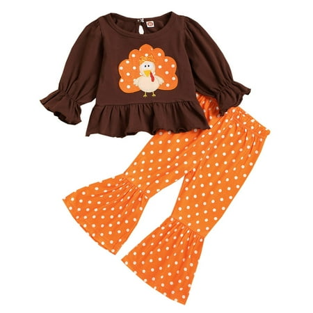 

YWDJ 1-6years Thanksgiving Day Girls Outfit Sets Fall Set Turkey Tops Leopard Polka Dot Flared Suit Outfits Orange 130