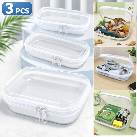 Clear Hard Shell Zipper Case,3PCS Transparent Clear Zipper Pouches,Hard Side Plastic Case Set,Portable Travel Storage Organizer Bins