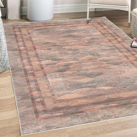 Modern Decorative Rug, Pastel Dream of Underwater Life Squama Look Shells Scale Check Details, Quality Carpet for Bedroom Dorm and Living Room, 6 Sizes, Salmon and Seal Brown, by Ambesonne