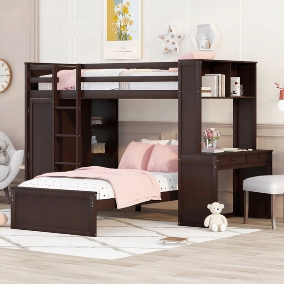 Twin size Loft Bed featuring Shelves, Desk & Wardrobe - Espresso for Space Saving