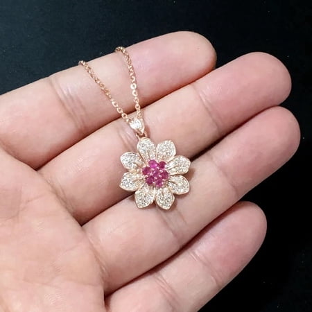 2Ct Round Cut Lab Created Pink Sapphire Flower Pendants 14K Yellow Gold Finish
