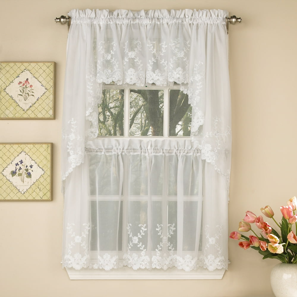Laurel Leaf Sheer Voile Embroidered Kitchen Curtains 24", 36" Tier Pair