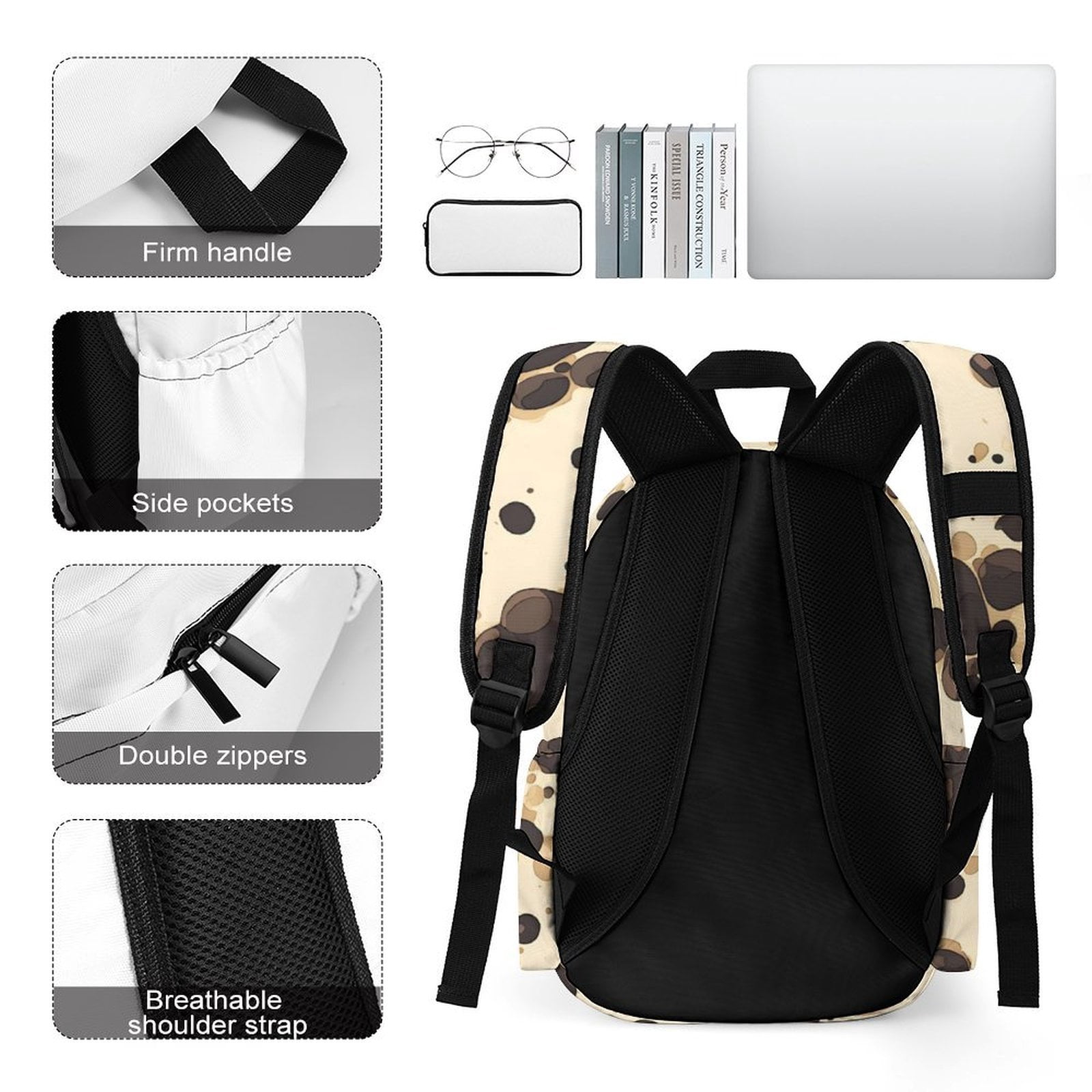 Large Capacity Half Print Backpack 11.8×16.5×5.9in Multifunctional Zipper Design Convenient Switch Milk Cow Print Style Sienna_1