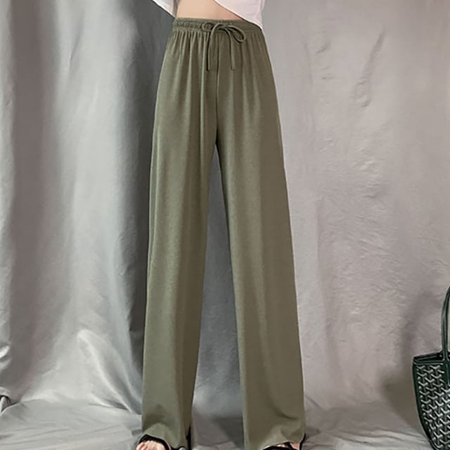 Pantalones anchos de pierna para mujer, pantalones casuales holgados de cintura alta con cordón para verano, color verde OD