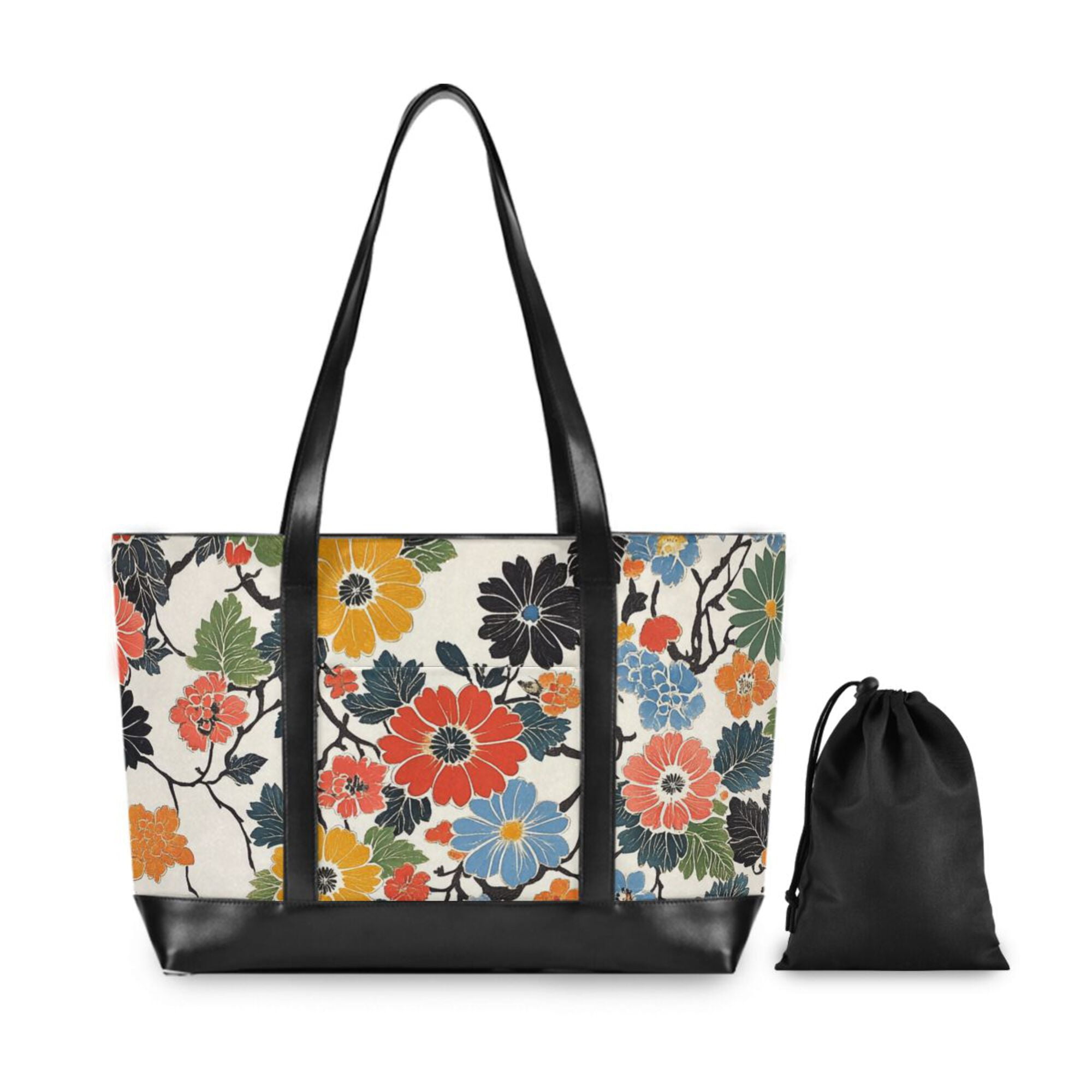 FORMRS Canvas Laptop Tote Bag for Women with 15.6" Computer Compartments Shoulder Handbag, Black Flowers Pattern