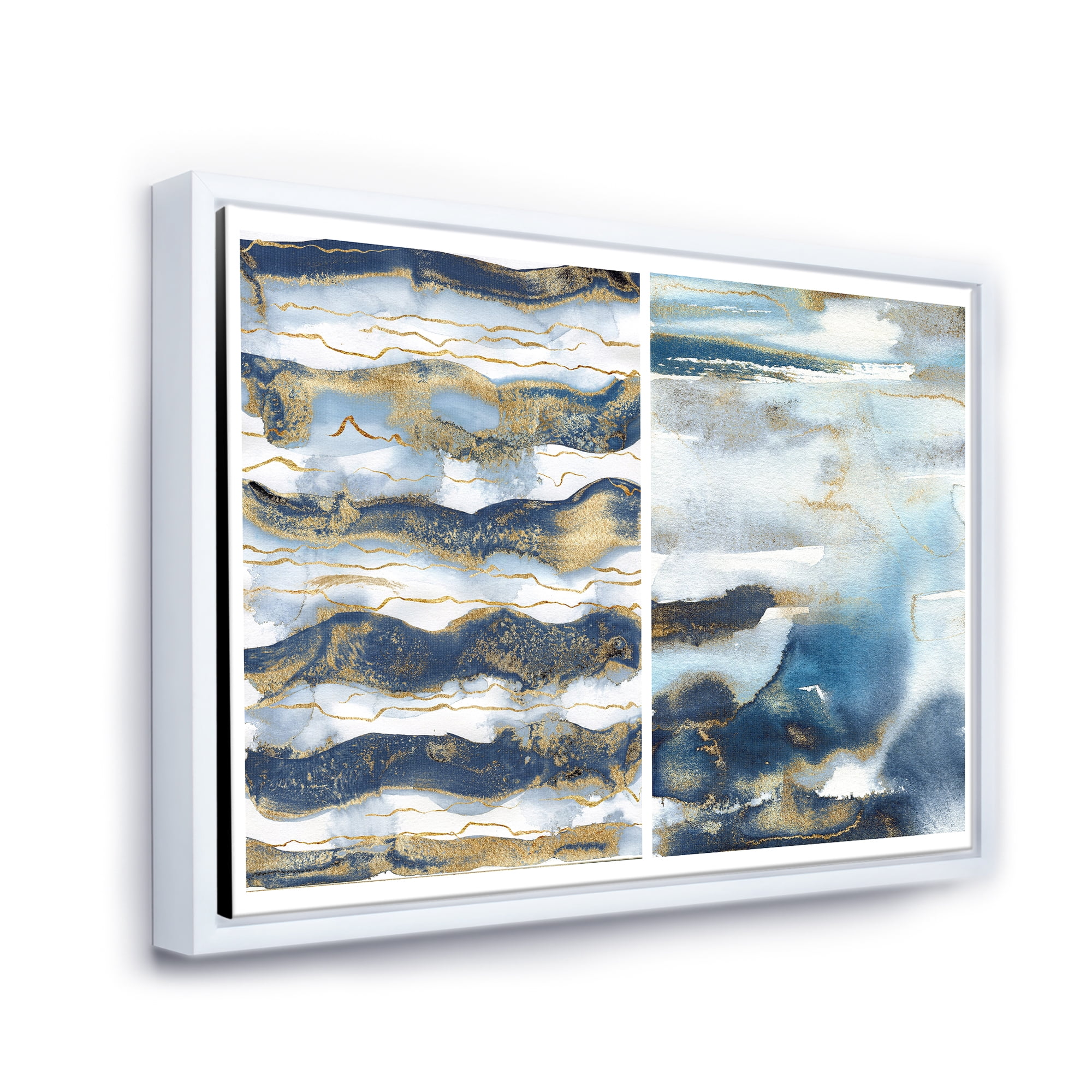 Designart 'Gold and Dark Blue Abstract Waves II' Modern Framed Canvas Wall Art Print