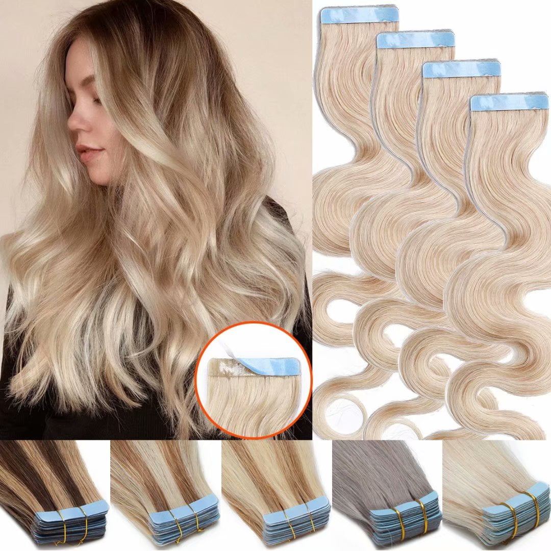 SEGO Curly Blonde Tape In Human Hair Extensions Real Remy Hair Straight Skin Weft Seamless 20