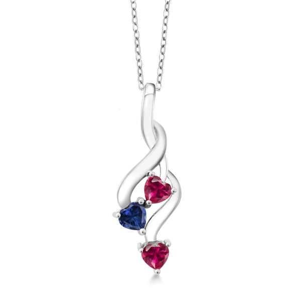 Gem Stone King 925 Sterling Silver Red Created Ruby and Blue Created Sapphire Pendant Necklace for Women (1.10 Cttw, Gemstone July Birthstone, Heart Shape 4MM, with 18 inch Silver Chain)