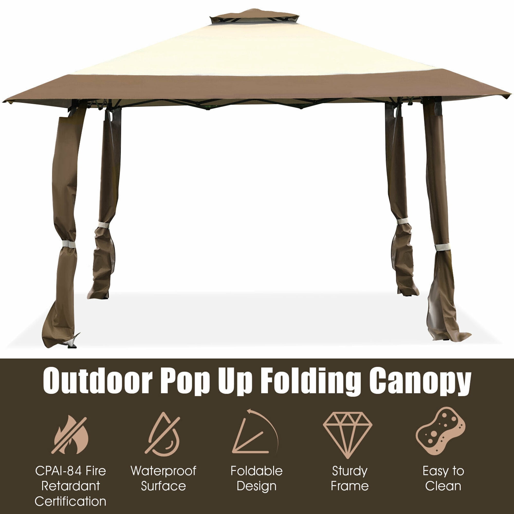 Gymax 13' x 13' Folding Patio Pop-up Gazebo Canopy Tent Outdoor Shelter Shade Brown