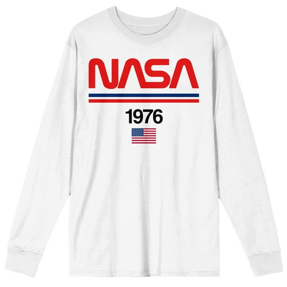 NASA American Flag 1976 Logo Crew Neck Long Sleeve Men's White Tee-XL