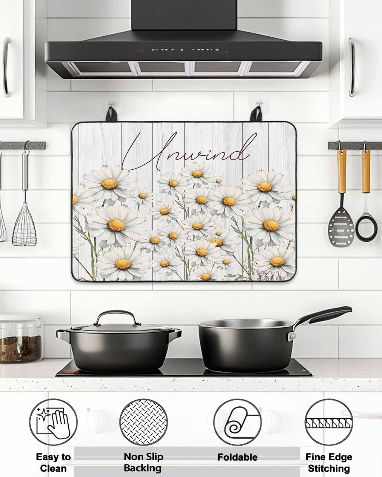 Daisy Stove Top Covers for Electric Stove, 28'x20'' Watercolor Flowers Vintage Wood Grain Glass Ceramic Stove Cover Foldable Rubber Mat Heat Resistant Cooktop Protector for Kitchen