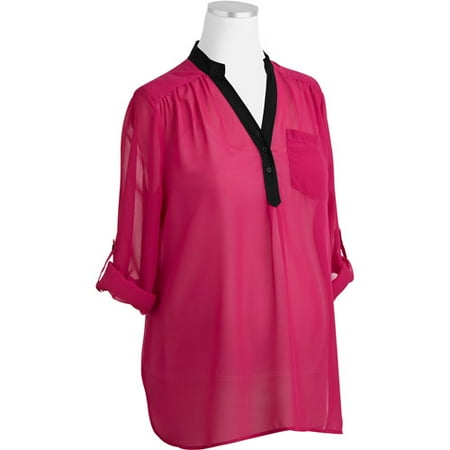 Maternity Chiffon Henley Tunic with Contrast Trim