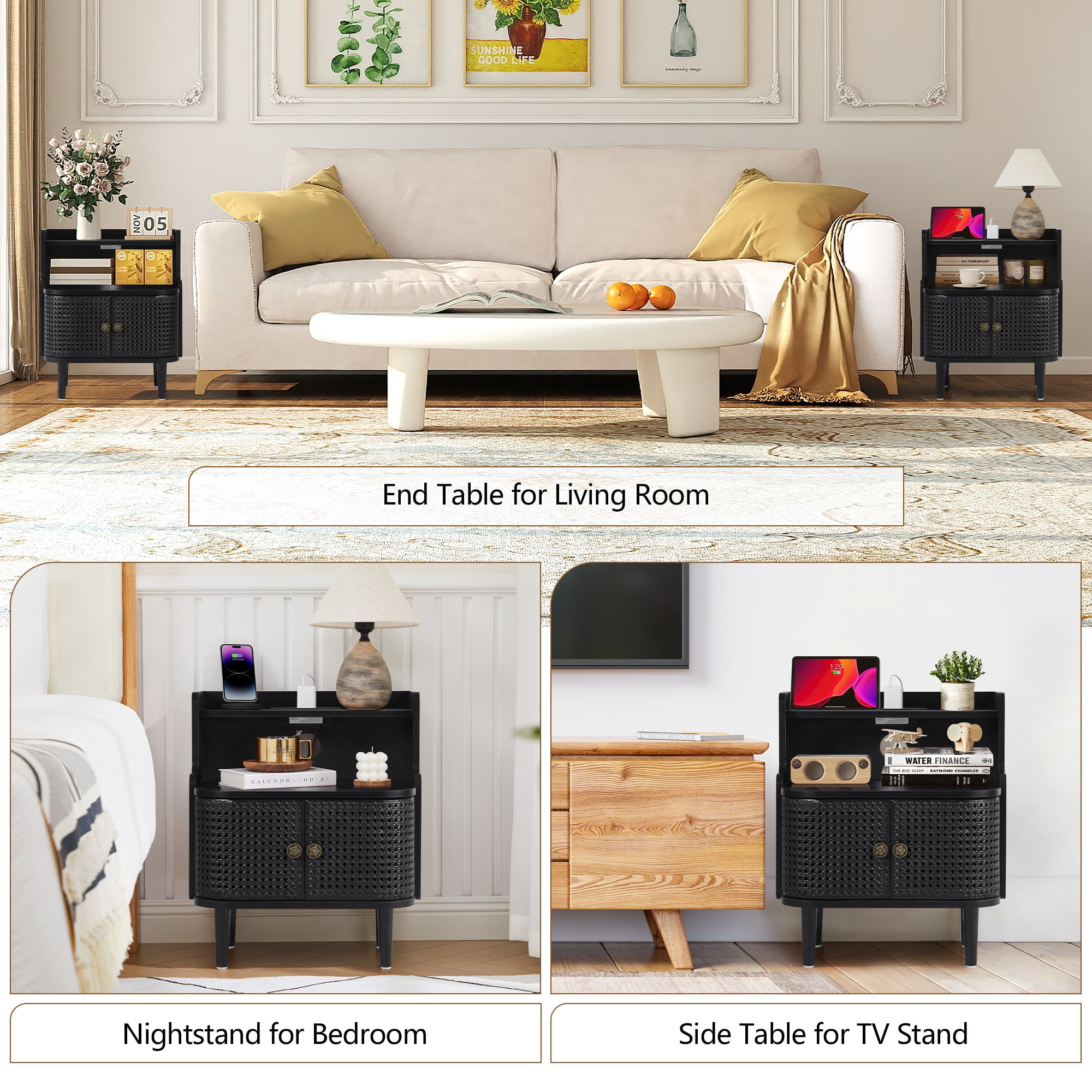 YOCWO Large Storage Nightstand Set of 2 with Charging Station Iron Rattern Pattern, Farmhouse Square End Table with 2 Door and Open Shelf for Bedroom Living Room, Black
