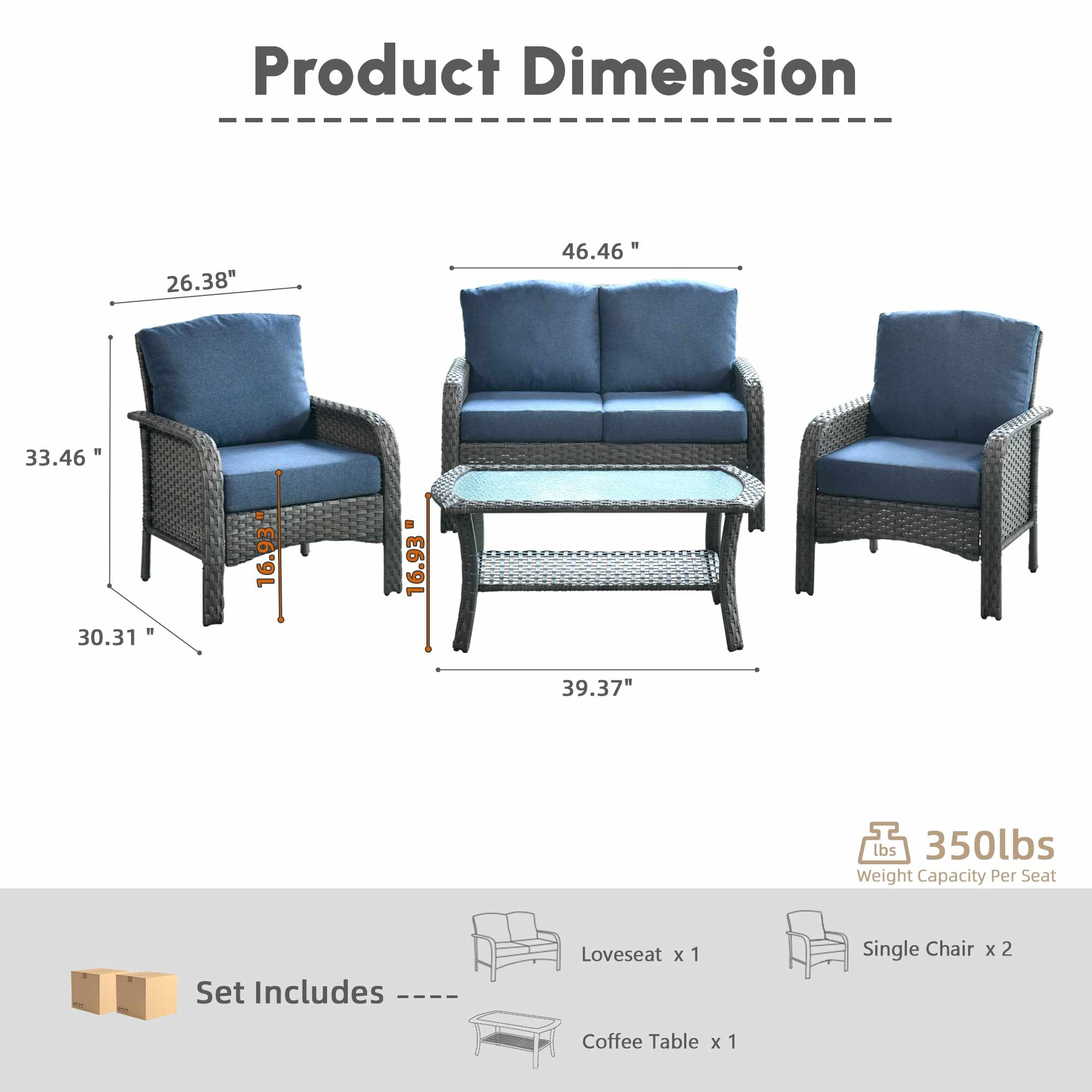 Ovios 4 Pieces Patio Furniture Outdoor Sectional Set Modern High Back All Weather Wicker Conversation Set with Coffee Table for Garden, Backyard, Denim Blue
