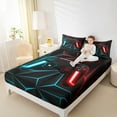 thumbnail image 5 of Feelyou Cartoon Game Console Twin Sheet Sets for Kids, Neon Glowing Honeycomb Twin Fitted Sheet, Cyan Red Gaming Gamer Flat Sheet, Lightweight Room Decor, 3pcs, 5 of 8