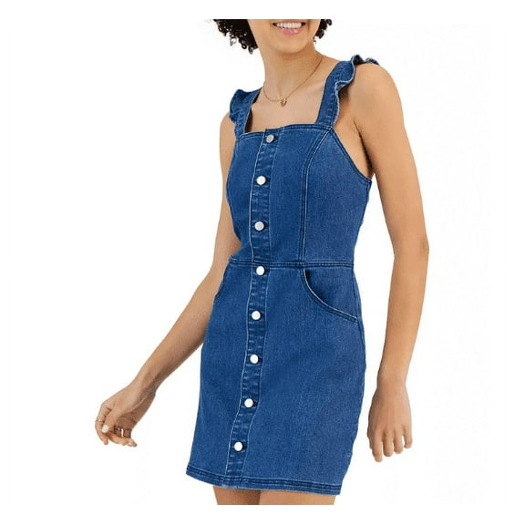 TINSELTOWN Juniors' Ruffle-Strap Button-Front Denim Dress, Medium