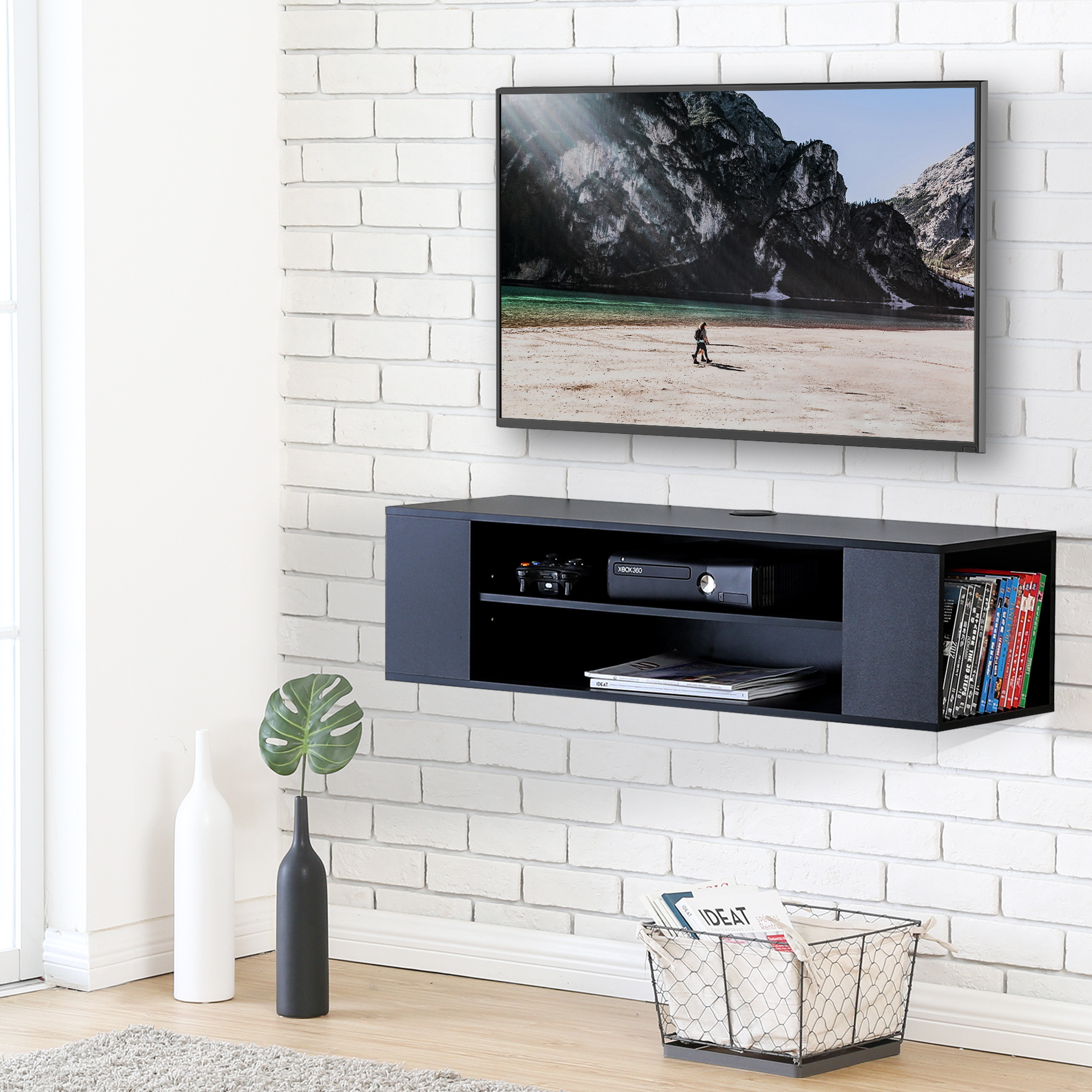 FITUEYES Floating TV Stands Wall Mounted Audio/Video Black Wood Grain