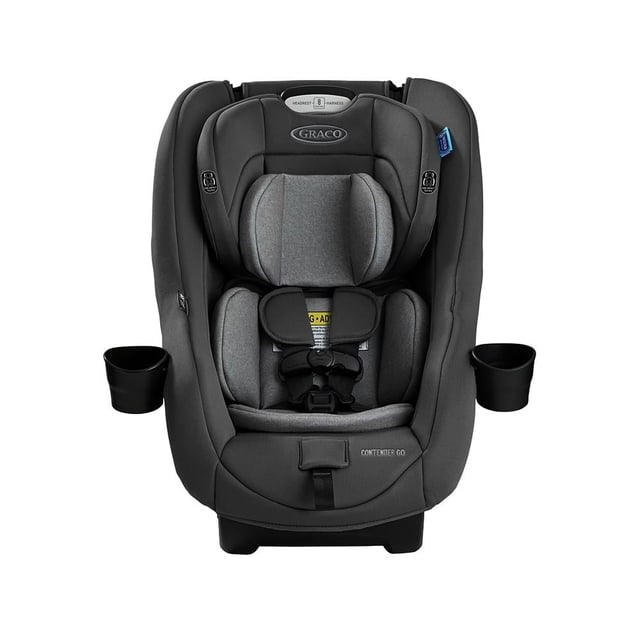 autoasiento convertible graco c-go winston negro asiento para bebé convertible en negro con acolchado gris, vista frontal centrada que muestra arnés de cinco puntos y reposacabezas ajustable; incluye cojín reductor, dos portavasos removibles y base compacta para facilitar la instalación a contramarcha (2.26–18.14 kg) y a favor de la marcha (9.97–29.47 kg); también es adecuado para viajes cortos en coche.