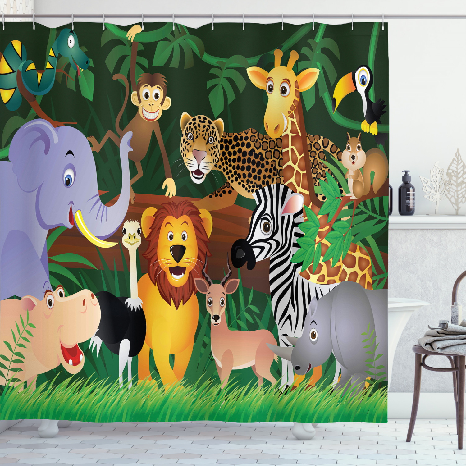 Zoo Shower Curtain, Animals in the Jungle Funny Expressions Exotic