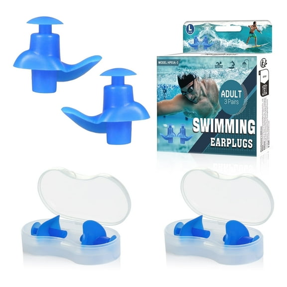 Swimming Earplugs , 3 Pairs, Silicone Comfortable Earbuds with Storage Case for Adults, Children Prevent Swimmer`s Ear(Blue-L)