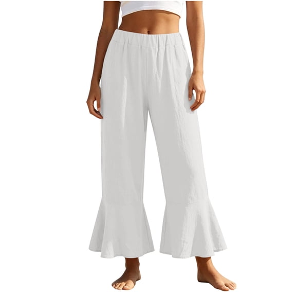 Lenpel Womens Cotton Linen Cropped Pants Summer Casual Ruffle Elastic Waist Ankle Trousers Loose Cute Pants with Pockets for Beach