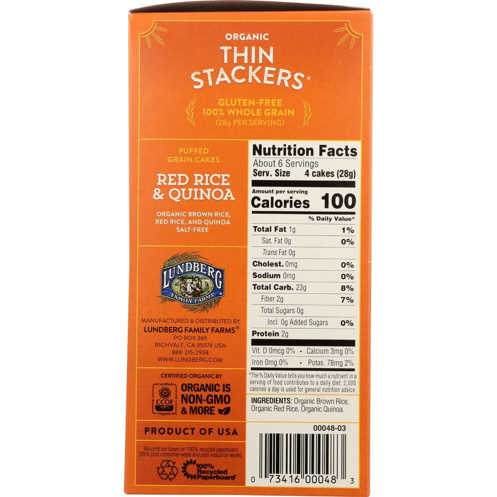 Lundberg Family Farms Organic Thin Stackers Red Rice and Quinoa Rice Cake, 6 Ounce -- 6 per Case.