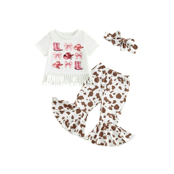 Toddler Baby Kids Girls Summer Clothes 6 12 18 24 Months 2T 3T 4T Bow Print Short Sleeve Tassel T-Shirt with Pattern Flare Pants and Headband
