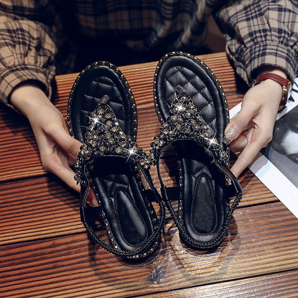 Sandalias planas de playa Chanclas para mujer Zapatos romanos con cuentas de diamantes de imitacion Wmkox8yii shjk5286 Walmart en linea