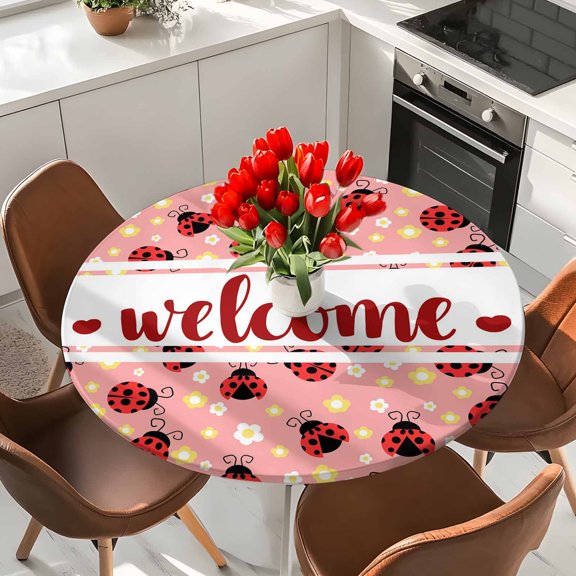 Pink Welcome Elastic Fitted Round Tablecloth Country Red Ladybugs Flowers Pink Waterproof Outdoor Table Cover for Holiday Party, Picnic, Patio & Dining Fits Tables Up to 55"-60"