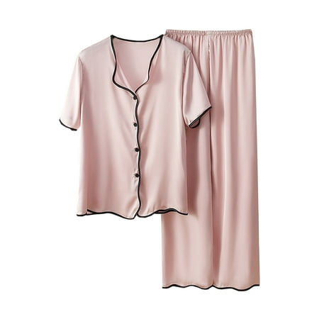 

Womens Fashion Solid Color Pajamas Two Piece Suit Short Sleeve Pants Set Homewear Casual Cardigan Coat Lightweight for Fall Winter