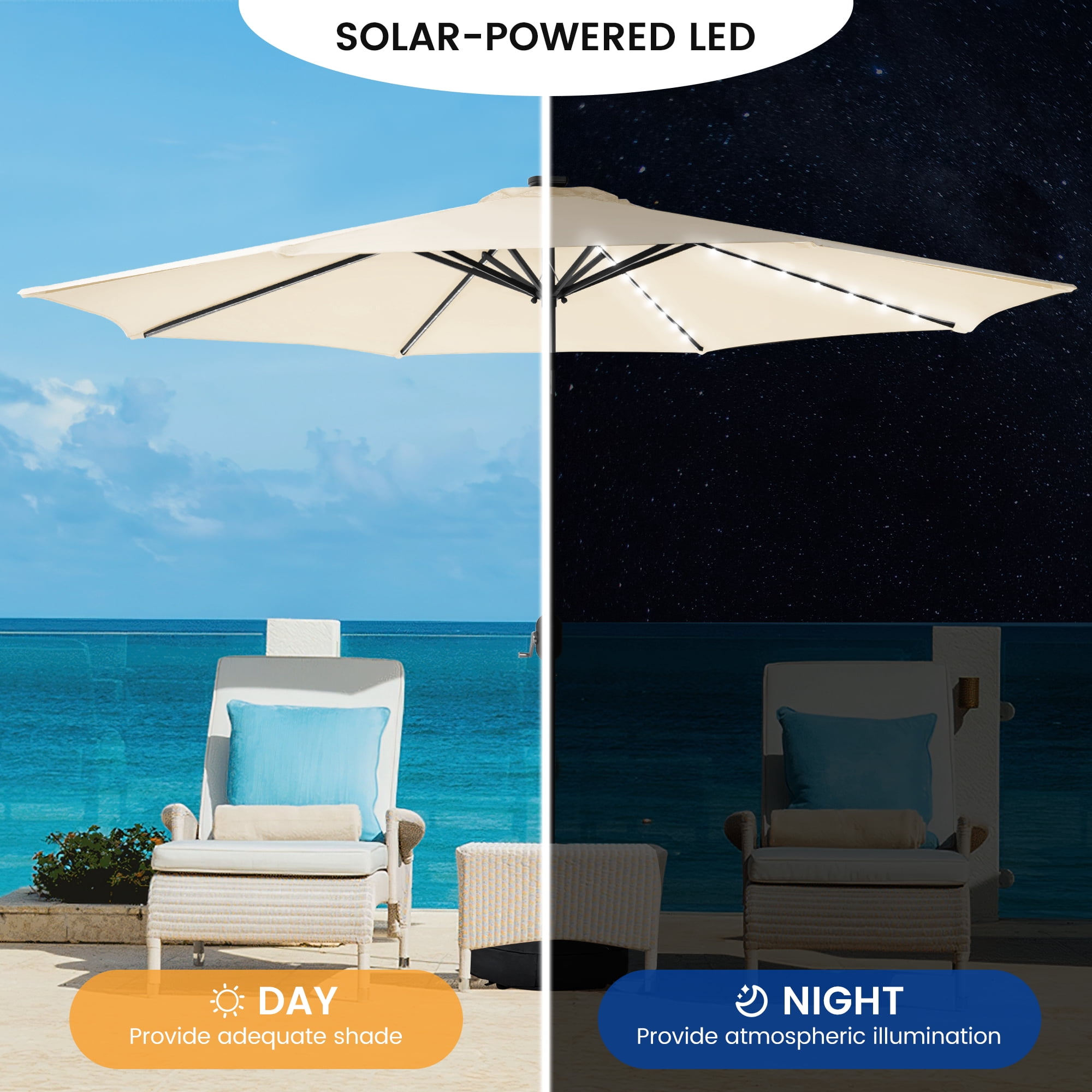 HARBOURSIDE 11ft Solar-Powered Outdoor Umbrella with LED Lights - 13 Solar LED Bulbs, Heavy Duty Base & Sand Bag for Patio/Garden/Poolside, Waterproof UV-Resistant Sun Shade Canopy,Beige