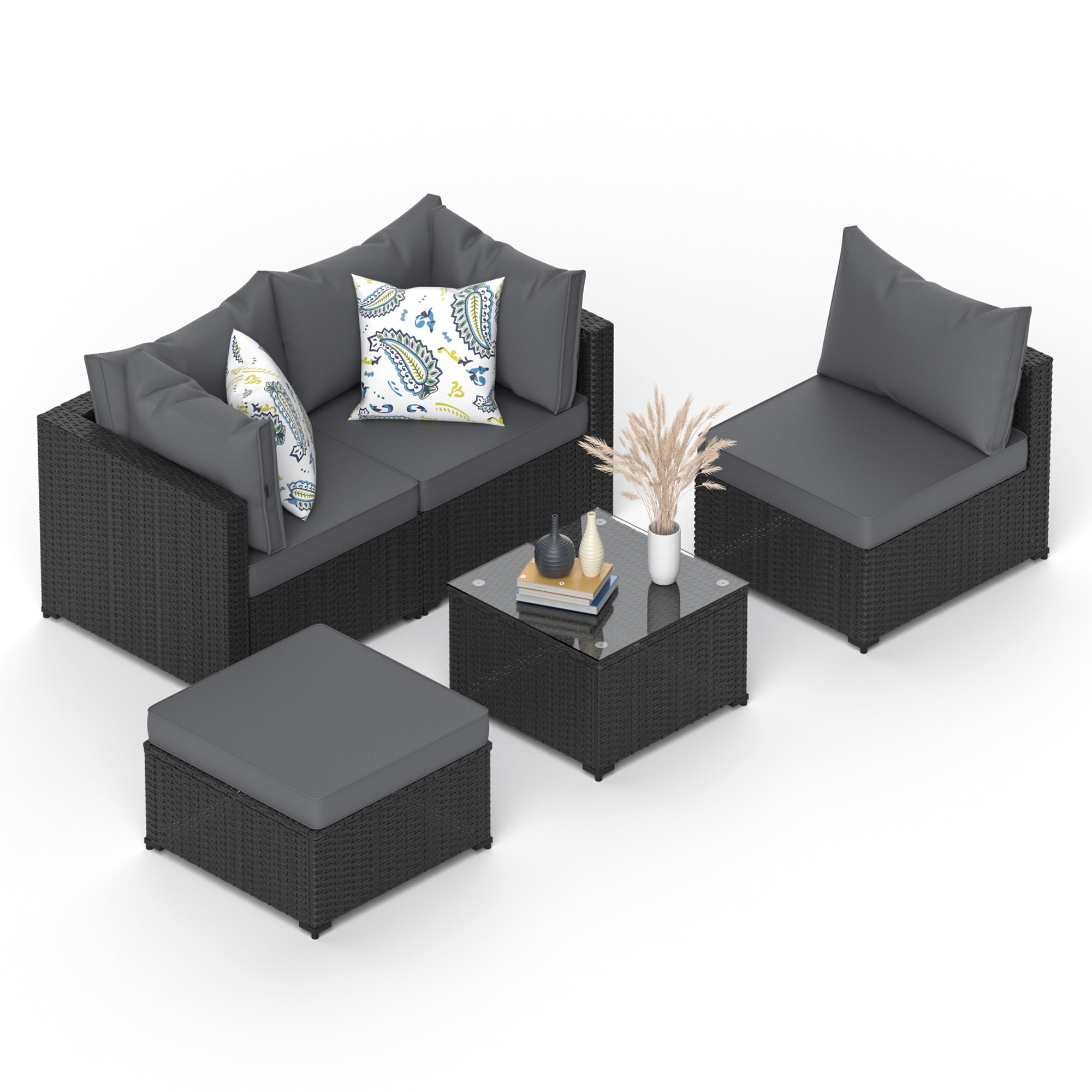 Phonjoroo 5pcs Patio Furniture Sets All Weather Outdoor Sectional Sofa Manual Weaving Wicker Rattan Outdoor Conversation Set with With Cushion And Glass Table, Grey