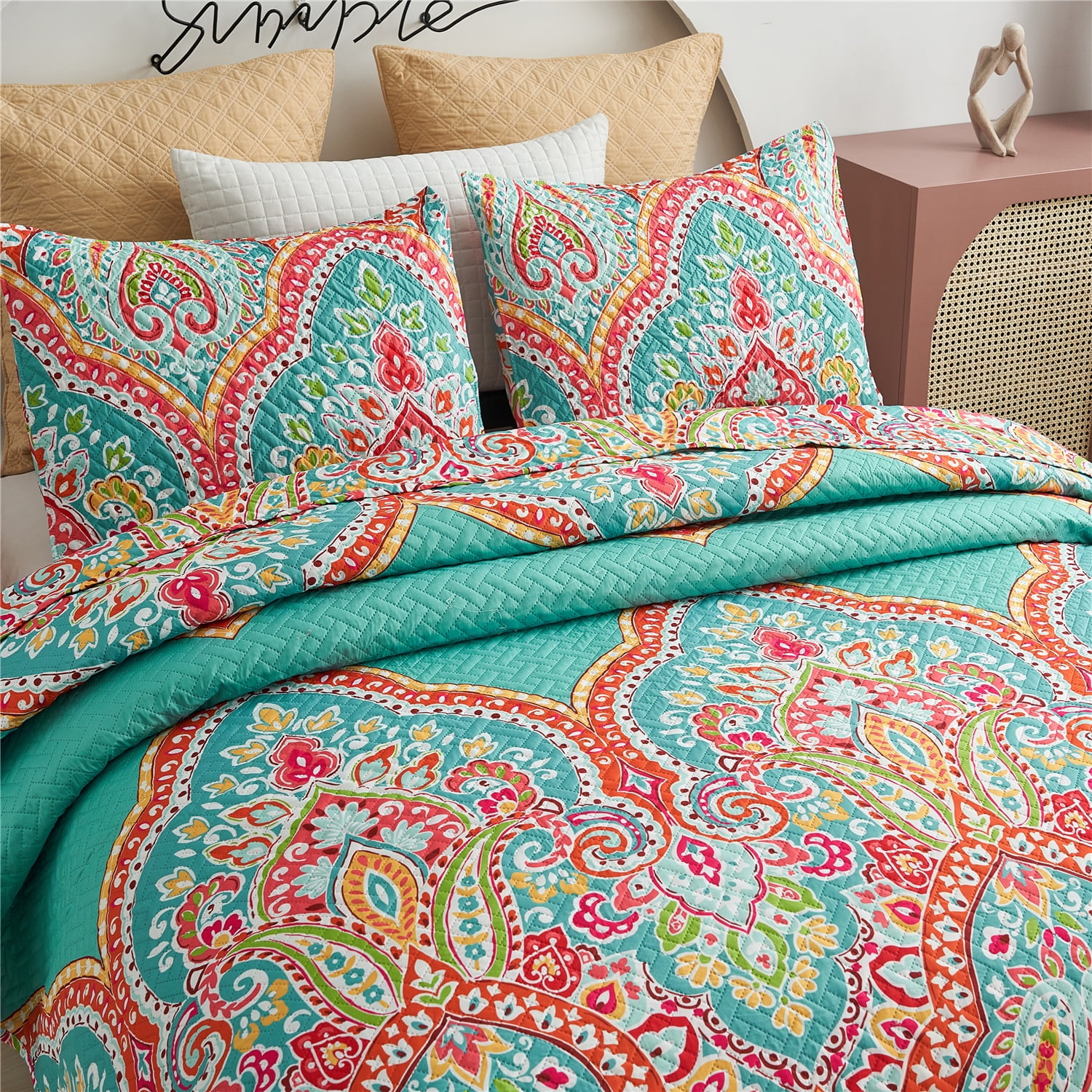 Details about   Reversible Paisley Striped Bedspread Full/Queen Size Quilt with 2 Shams 3-Piec 