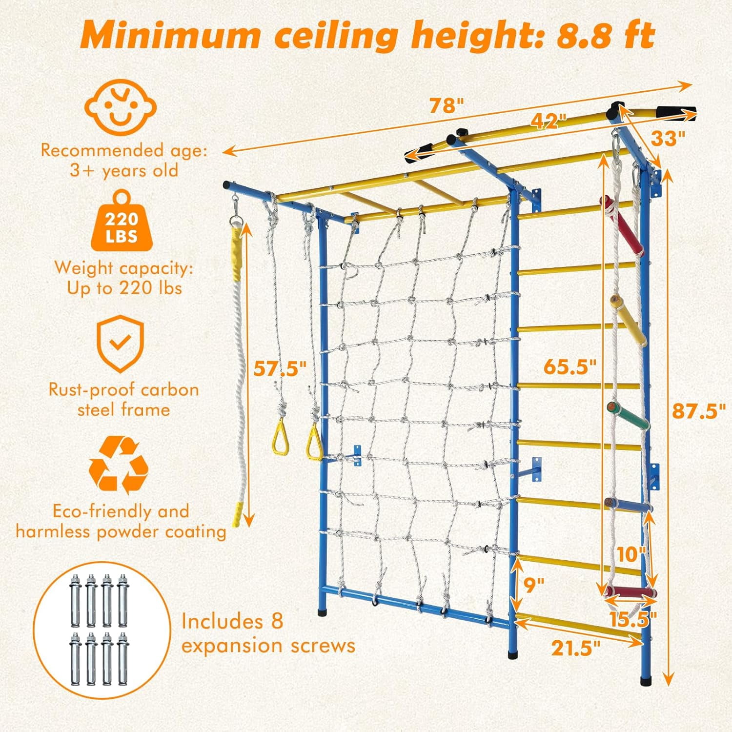 Heavy-Duty 7-in-1 Kids Climbing Gym – Steel Wall-Mounted Monkey Bars with 220 lbs Capacity, Includes Rope Ladder, Rings & Pull-up Bar for Home Play