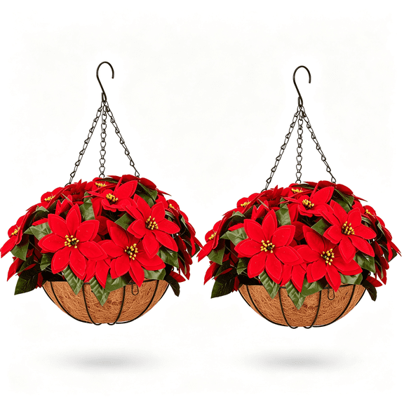 2 Pack 20 inch Artificial Poinsettia Christmas Hanging Basket, Faux Red Poinsettia Flower for Indoor Covered Outdoor Holiday Decor, XUESON