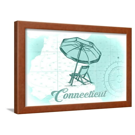 Connecticut - Beach Chair and Umbrella - Teal - Coastal Icon Framed Print Wall Art By Lantern