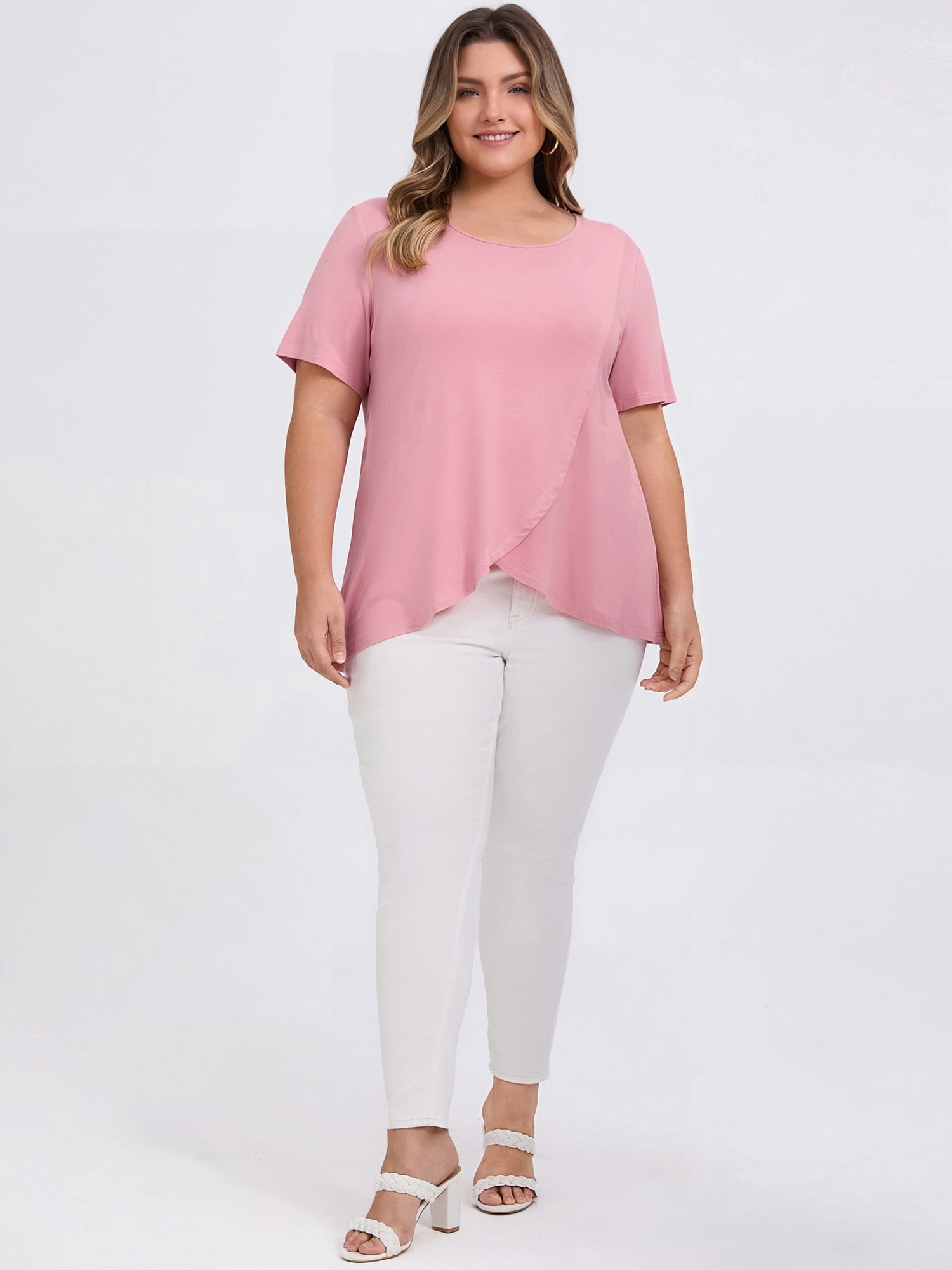 DARING DIVA Women's Plus Crew Neck Short Sleeve Blouse 4X Pink
