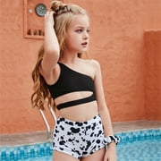 Fesfesfes Teen Girls Holiday Cute Bikini Sets Children Girls Swimwear One Shoulder Split Two Piece Swimsuit Swim Pool Beach Wear Skinny Bathing Suit 6-12 Years
