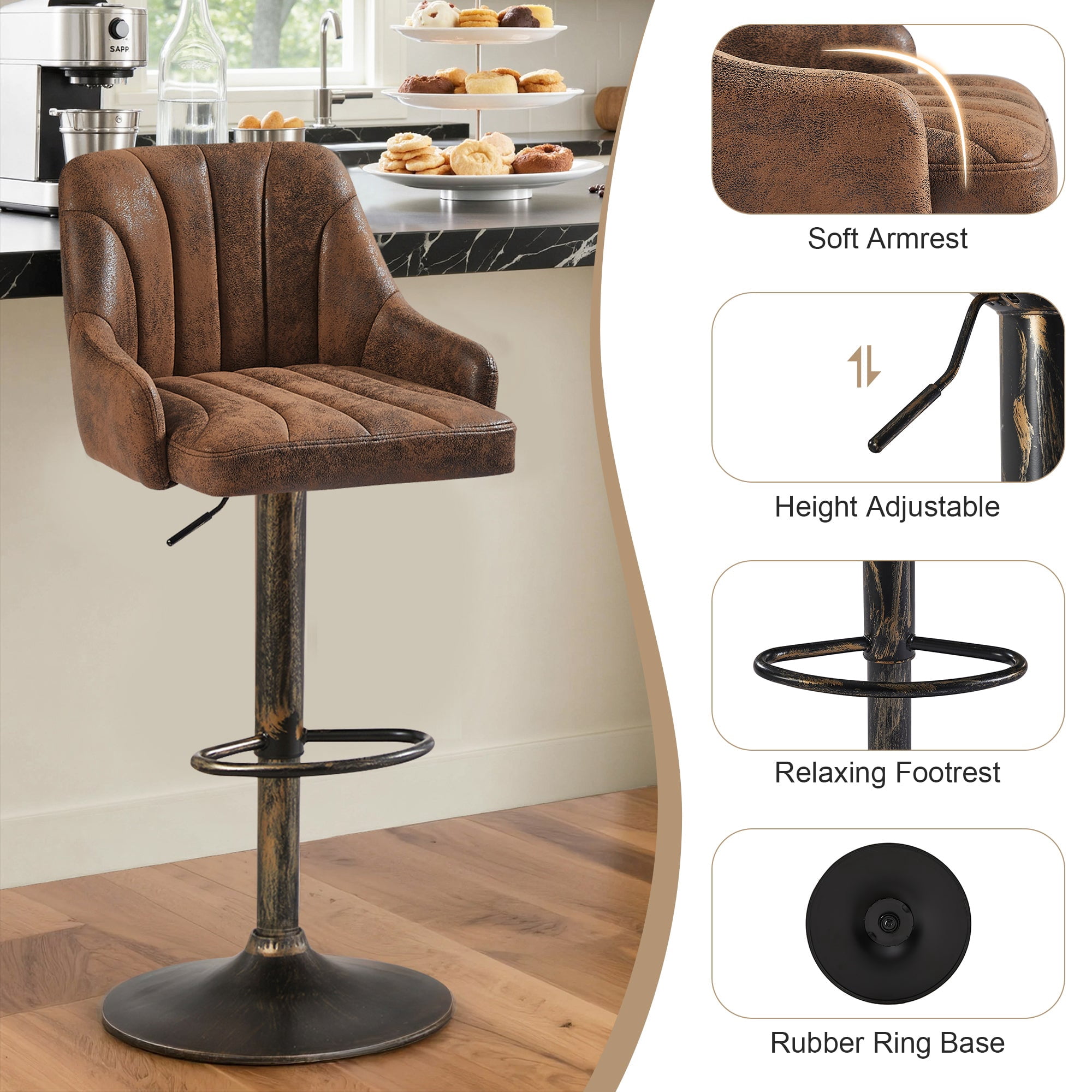 VECELO Set of 2 Swivel Bar Stools, Adjustable Counter Height Barstools Faux Leather Chair with Backrest and Armrest, Dark Brown