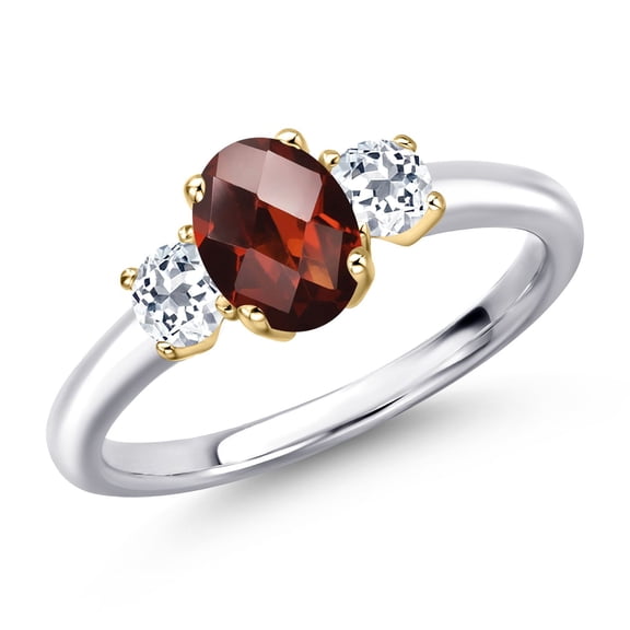 Gem Stone King 925 Silver and 10K Yellow Gold Red Garnet and White Topaz Engagement Ring for Women | 1.43 Cttw | Oval Checkerboard 7X5MM | Gemstone January Birthstone | Size 9