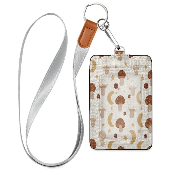 PU Leather Badge Holder Lightweight ID Card Holder with Window Pocket Moon and Mushrooma