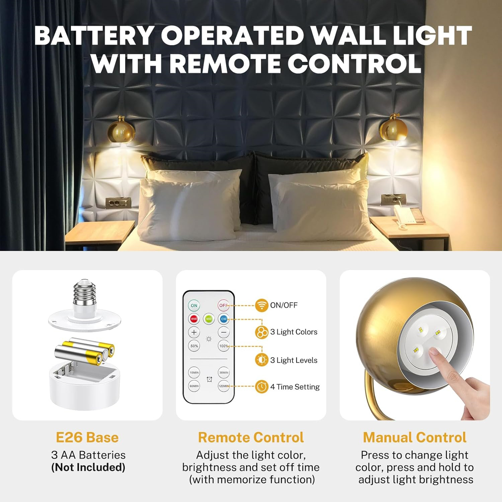 PatioGem Modern Dimmable 2-Light LED Gold Cafeteria, Bedroom Battery Operated Wall Sconces (2 Count)